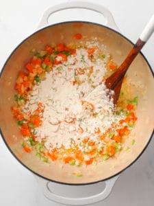 Mirepoix in a large Dutch oven pot.
