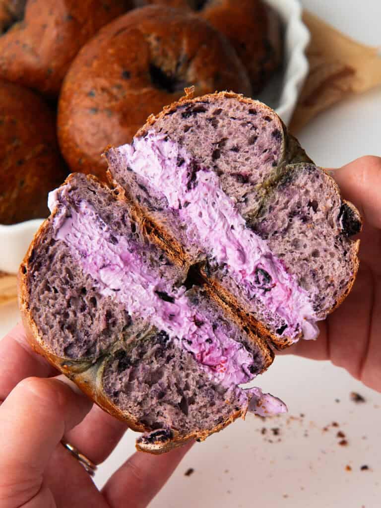 Blueberry Bagels with blueberry cream cheese smear.