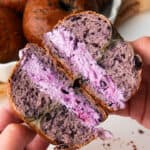 Blueberry Bagels with blueberry cream cheese smear.