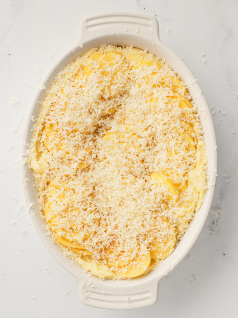 Mashed potatoes with a layer of grated cheese.