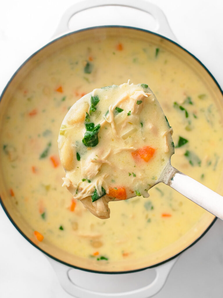 Cooked creamy soup in a large pot.