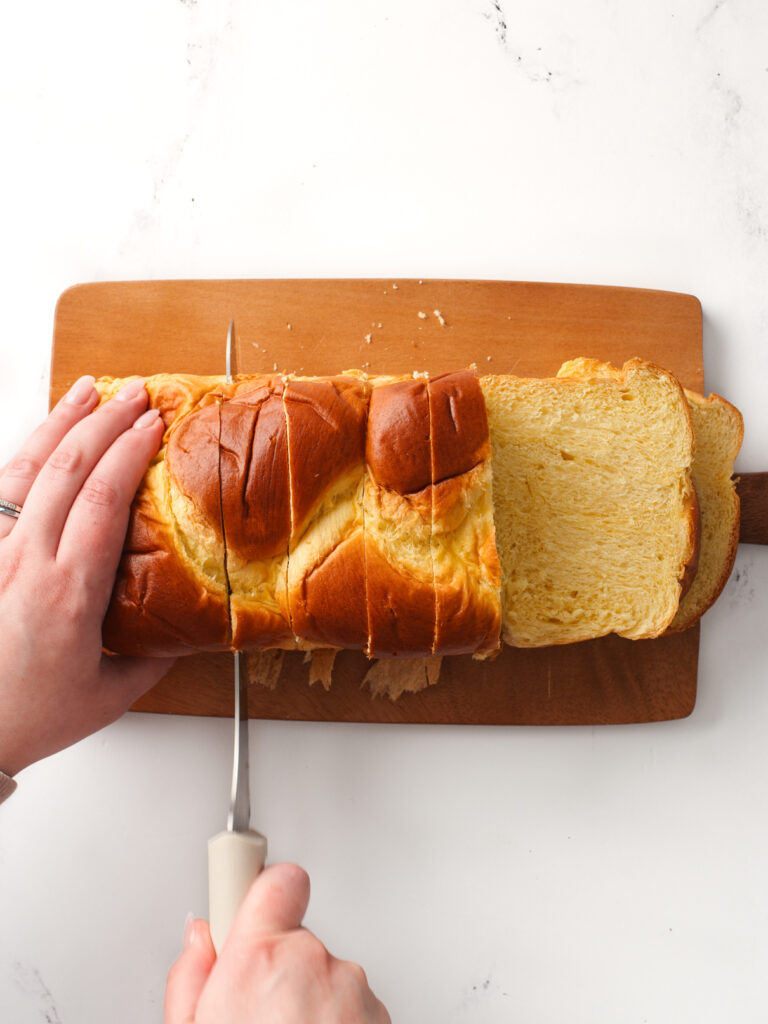 Slicing brioche.