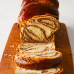 Cozonac Babka loaf with center filling exposed.