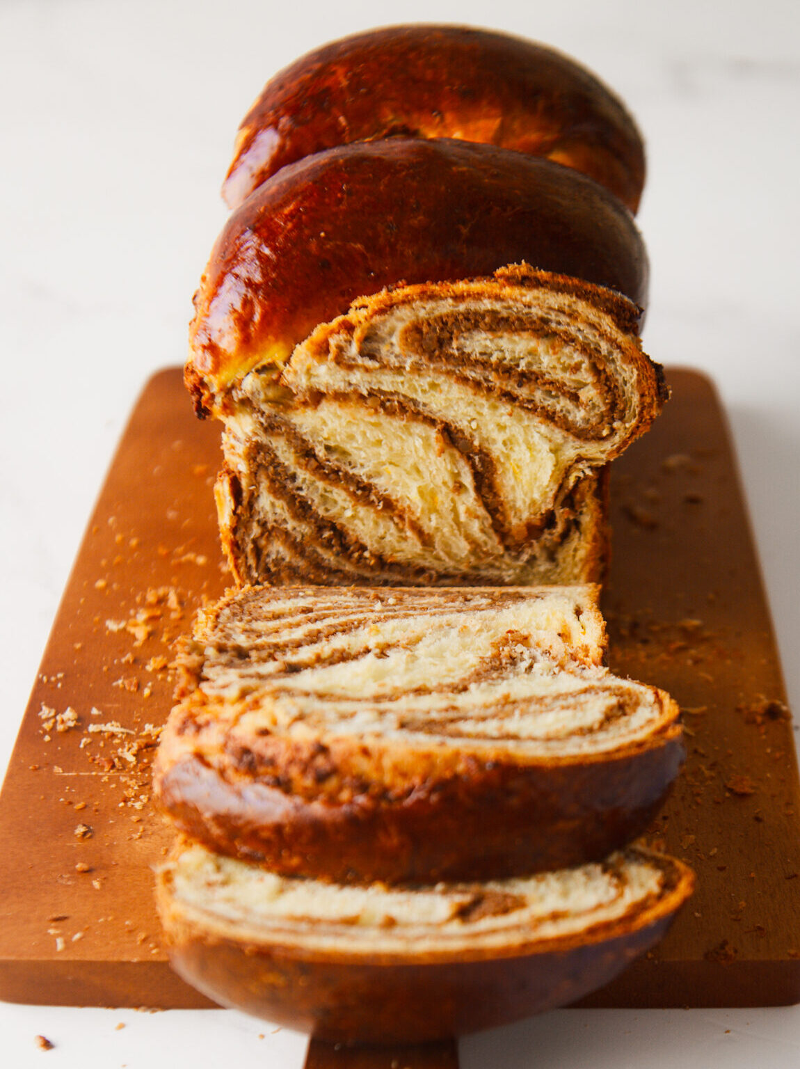 Cozonac Babka loaf with center filling exposed.