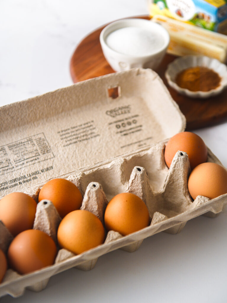 Eggs, sugar and butter ingredients.