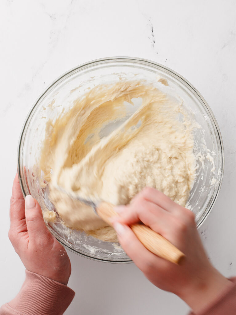 Mixing the dough.