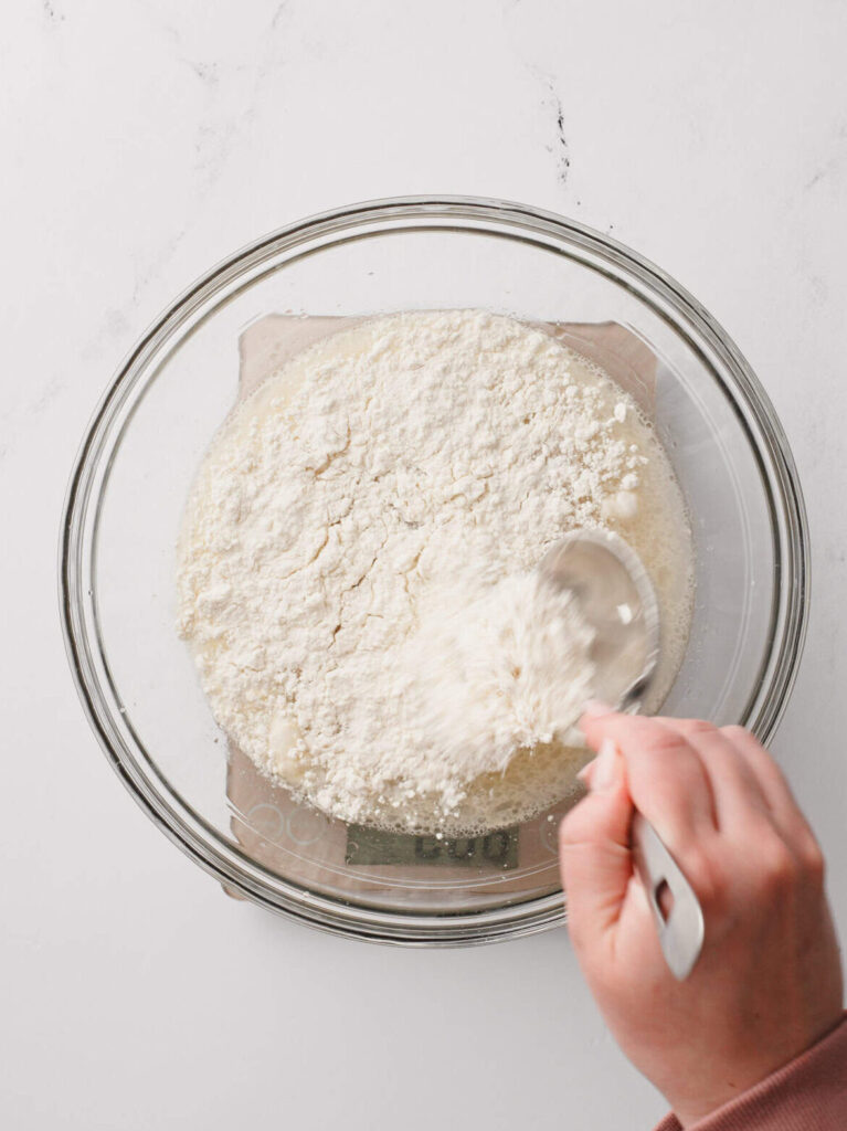 Measuring flour for the focaccia dough.