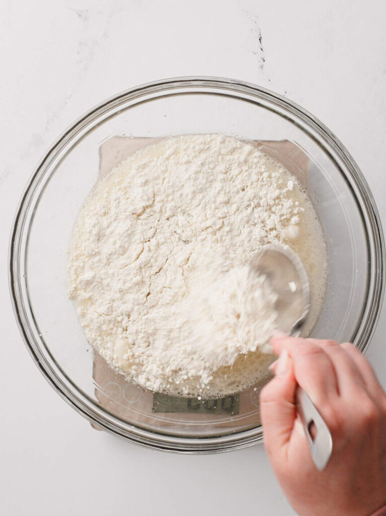 Measuring flour for the focaccia dough.
