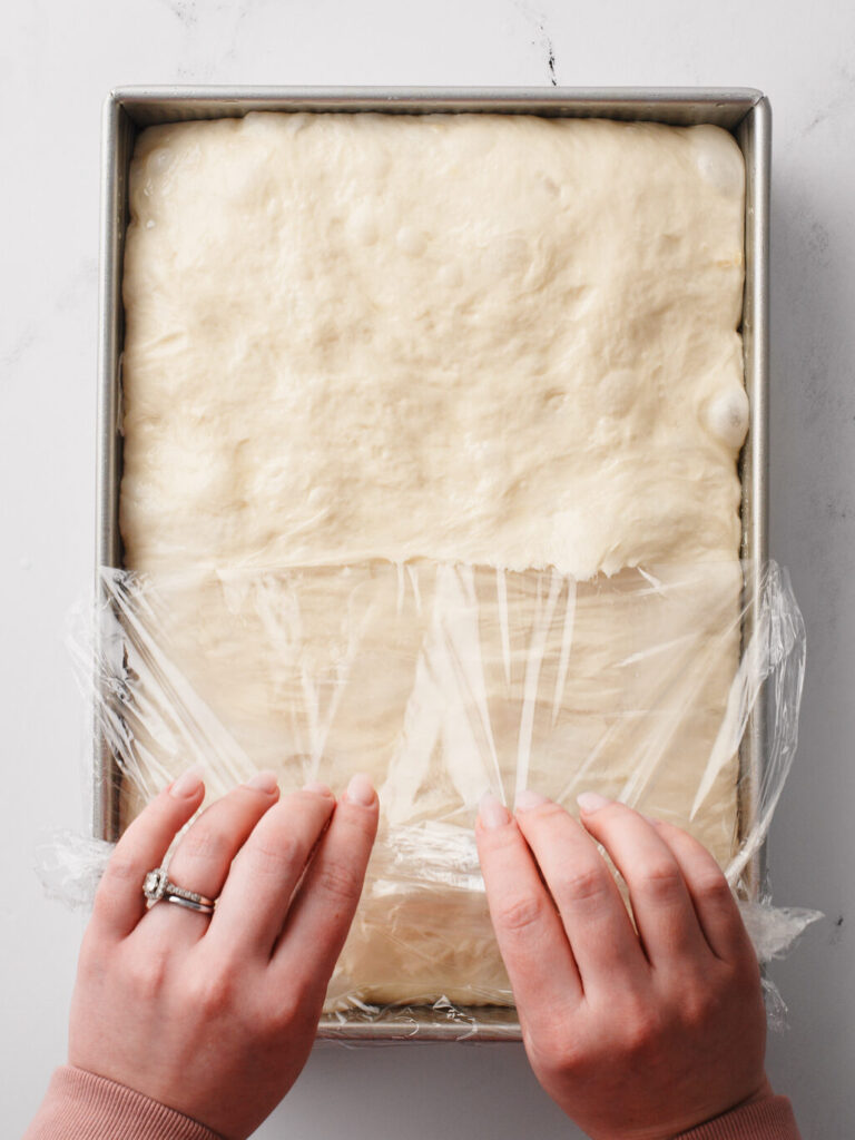 Garlic Bread Focaccia dough rising.