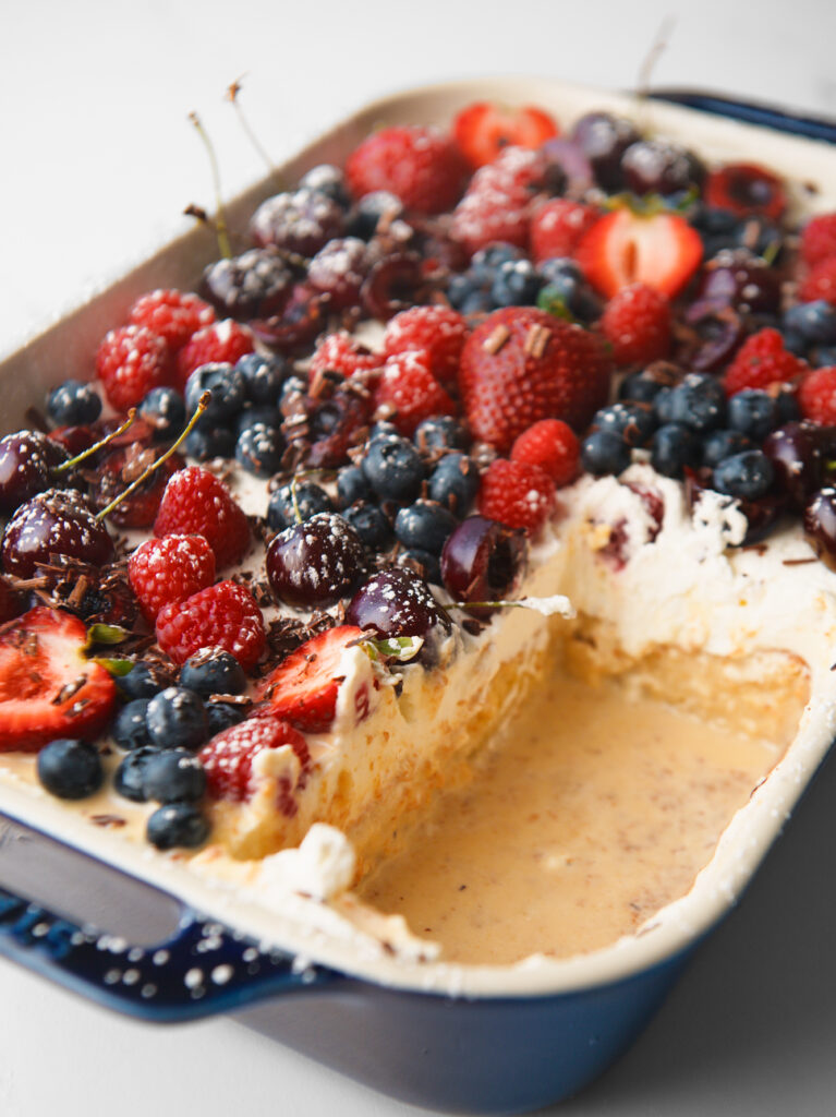 Cake layers revealed with slice remove from the pan.