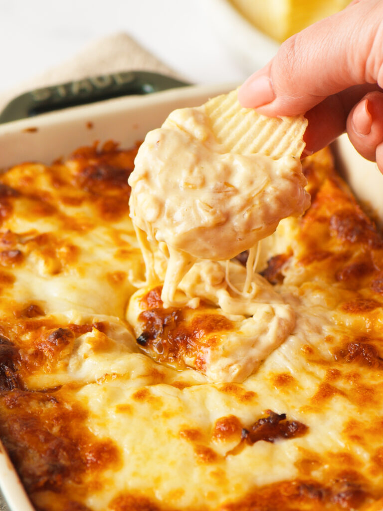 French Onion Dip with kettle chips.